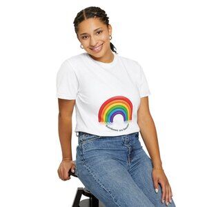 Rainbow graphic T-shirt | "Let the colors brighten the day" text